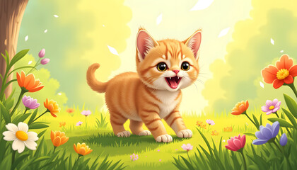 Fototapeta premium Playful orange kitten exploring colorful flower garden