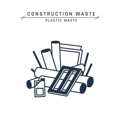 Construction waste. Plastic debris. Pile of industrial junk on a landfill or site. Pipes, tubes, PVC window, bottles. Home renovation rubbish. Vector flat icon isolated on a white background.