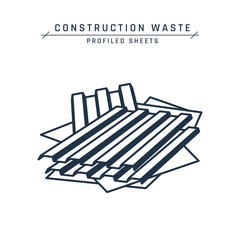 Construction waste. Old roof materials. Hazardous asbestos, corrugated metal, coated roofing sheets. Pile of debris. Demolition garbage on a site. Vector flat icon isolated on a white background.