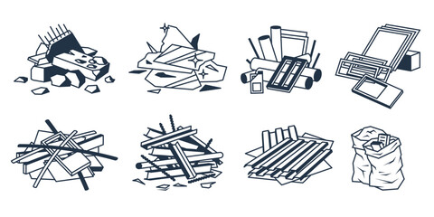 Construction waste. Piles of building scrap. Concrete, glass, plastic, wooden, metal, renovation, roofing, loose trash. Industrial demolition garbage on a jobsite. Vector icon pack in flat style.
