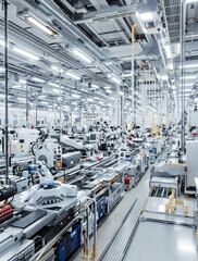 Fototapeta premium Advanced robotic factory with production lines, manufacturing, modern industry