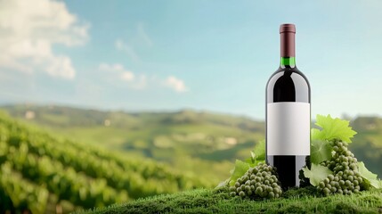 Fototapeta premium An Elegant Wine Bottle is Enchantingly Beautifully Surrounded by a Lush and Picturesque Vineyard Scenery