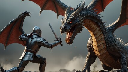 Fototapeta premium knight fighting with dragon, dragon versus man, 3D render