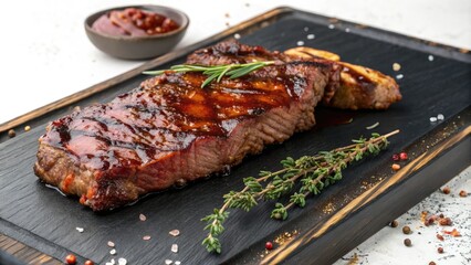 Aged cooked beef striploin with a sweet and spicy barbecue glaze on a black wood board, slow-cooked beef, grilled delights, rich flavors, BBQ favorites, hearty meal