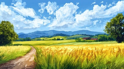 Obraz premium Serene Countryside Road Winding Through Golden Wheat Fields