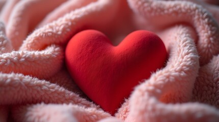 a red heart surrounded by a pink plush blanket