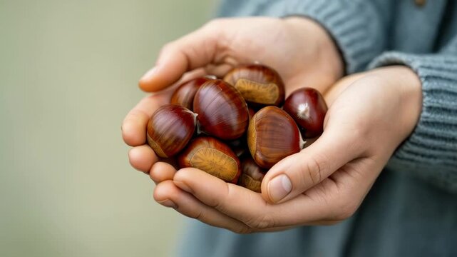 Gathering fresh chestnuts during autumn in a scenic location with gentle sunlight