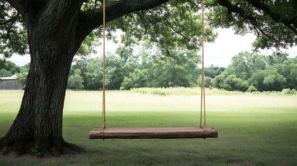 Wooden swing hanging from a large oak tree in a meadow