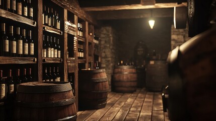 A rustic wine cellar features wooden shelves filled with wine bottles and sturdy barrels lined against the walls, illuminated by soft lighting creating a warm atmosphere