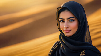 A graceful Arabian woman in traditional black attire walking gracefully across a vast desert at sunset, with a sense of cultural pride and serenity.