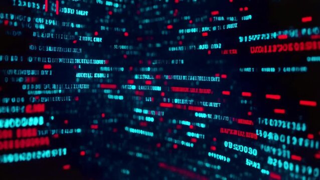 Flowing Stream of Blue and Red Data Code on Black Background. Seamless Looping 4K Animation for Technology, Programming, and Cybersecurity Visuals. Video Footage, Motion Graphics.