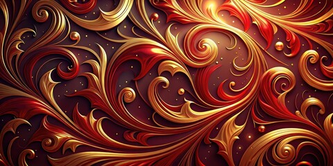 An abstract pattern of swirling red hues and golden accents on a dark background, backgrounds, swirly patterns, geometric shapes