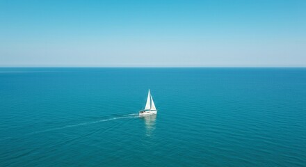 Obraz premium A solitary white boat traveling gracefully through the deep blue ocean, with waves shimmering under the bright sky. 