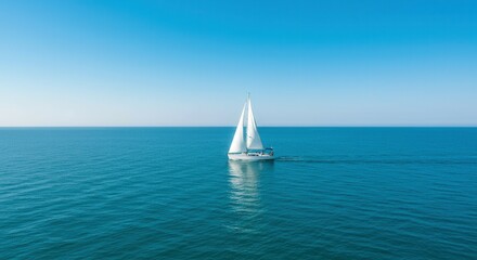 Obraz premium A picturesque view of a single boat navigating through shimmering blue waters under a tranquil blue sky. 