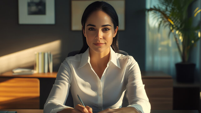professional woman with sleek dark hair, wearing a white button-up shirt, sitting at her desk 