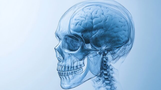 3D rendered human skull with clear transparency and accurate anatomical details