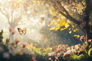 Summer spring flowers with flying butterfly on blurred nature background