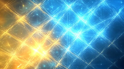 Fototapeta premium A futuristic abstract design with intersecting blue and yellow light rays, creating a glowing lattice-like structure on a gradient background