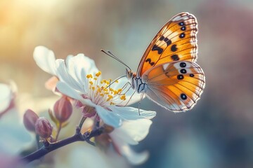 Obraz premium Summer spring flowers with flying butterfly on blurred nature background