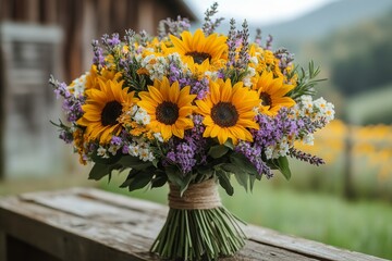 Rustic Charm: Sunflower and Lavender Bouquet Bringing Natural Elegance and Earthy Beauty to Celebrations and Events