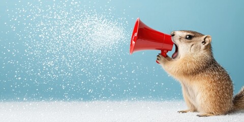 Fototapeta premium A lively groundhog screaming into megaphone symbolizes fun around Groundhog Day, ads for promotions, advertisement and communication, viral marketing. Copy space. Spring