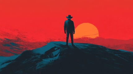 Fototapeta premium Lone Cowboy Silhouette Against Red Sunset Landscape