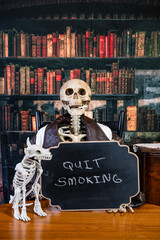 vertical skeleton smoking cigarette holding quit smoking sign with skeleton dog in old library