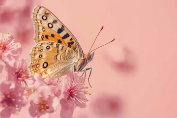 Obraz premium Summer spring flowers with flying butterfly on blurred nature background