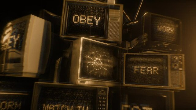 A stack of old TV&rsquo;s displaying subliminal messages and signal noise.