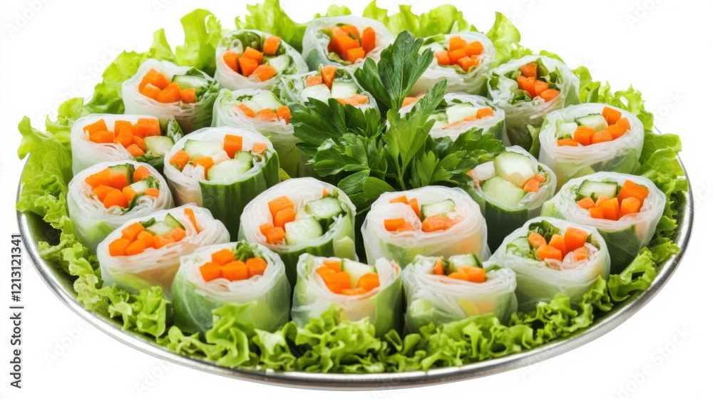 Wall mural A platter of colorful veggie spring rolls with fresh lettuce, carrots, cucumber