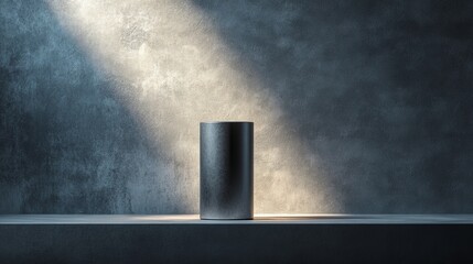 A studio setting showcasing a 3D cylinder display stand on a shelf, with a textured grey cement background, illuminated by light and shadow; designed for promotions, sales, or product presentations