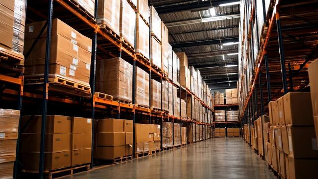 Modern warehouse interior with stacked cardboard boxes. Large industrial storage facility with high shelves and organized inventory. Logistics center for distribution and supply chain management.