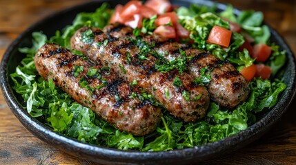 Grilled lamb kebabs, salad, wood table, restaurant food