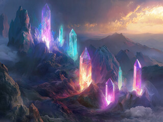 Ethereal Glow: Levitating Crystals in a Mystical Landscape, Fantasy Art, Surreal Scene, Magical     