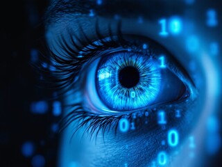 Close-up of a blue digital eye with binary code reflections, symbolizing technology and vision.