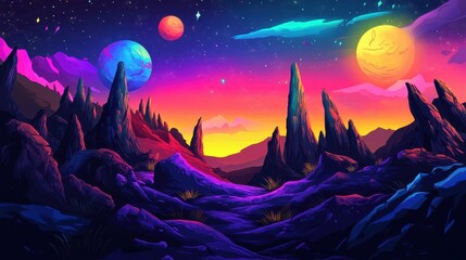 Fototapeta premium Vibrant Alien Landscape With Three Planets And Starry Sky
