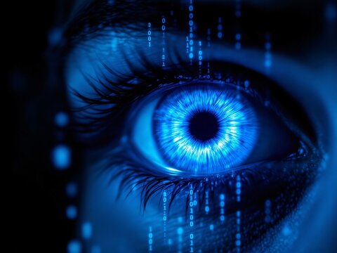 Eye, blue, digital, technology, data, binary, code, glowing, light, dark, close-up, iris, pupil, lashes, reflection, futuristic, sci-fi, cyber, computer, digital age, innovation, vision, sight, inform