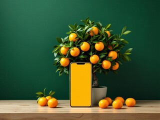 Smartphone, orange tree, oranges, mobile phone, fruit tree, citrus, potted plant, green background, wooden table, technology, nature, still life, indoor plants, gadgets, fresh oranges, modern tech, vi
