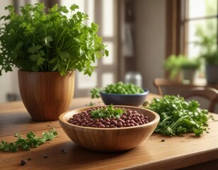 Fototapeta premium A wooden dining table with a steaming bowl of beans topped with chopped fresh parsley leaves, illuminated by soft warm light, table, bowls, kitchen
