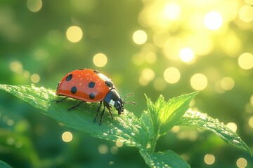 Obraz premium A Close-up Encounter with a Ladybug on a Vibrant Green Leaf in Nature's Beauty and Intricacy