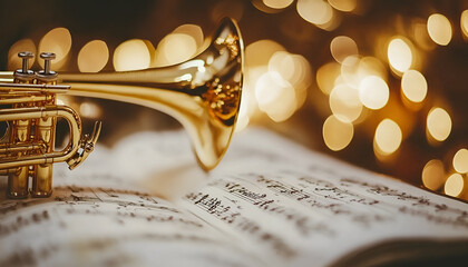 Naklejka premium One trumpet on wooden table, closeup. Musical instrument