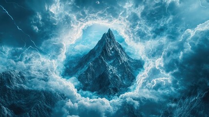 Majestic Mountain Peak Pierces Through Dynamic Stormy Clouds, Blue and White Tones