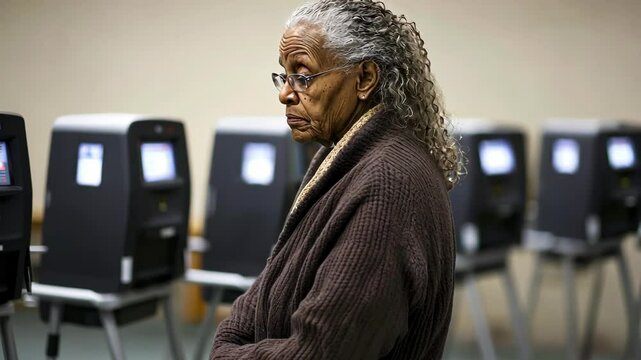 Elderly woman waiting in line to vote at a polling station during an election