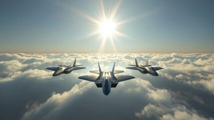 Three sleek fighter jets fly in formation above fluffy clouds, illuminated by bright sunlight, showcasing impressive aerial maneuverability and precision
