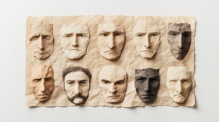 Fototapeta premium Collection of textured sculpted faces showcasing diverse emotions on crumpled paper