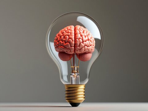Glowing brain inside light bulb symbolizing ideas and creativity on a blue background.
