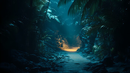 Glowing path through a tropical canyon at night. Tropical Canyon. Illustration