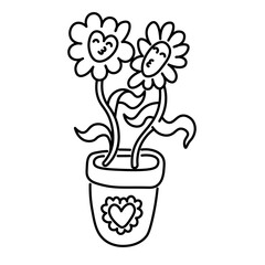 two flowers in one pot in doodle style in vector. Element for poster sticker design logo decoration