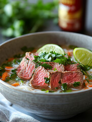 Bowl of beef pho with herbs and lime slices.