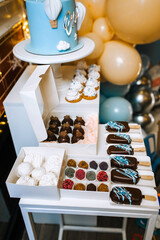 Candy bar, lots of decorated sweets on the table: chocolate ice cream, marshmallows, cupcakes, cookies, pastries, cream pastries, cake. Food photography, holiday concept.